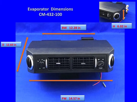Universal Under Dash AC Kit With Evaporator And Compressor For Vintage Cars 12V 2A V Belt 12700 BTU, dimensions labeled
