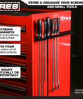 16.5 Inch Magnetic Aluminum Hand Tool Holder Rail Holds Up To 16 Screwdrivers Or Small Tools Mount Vertically Or Horizontally Heavy Duty Garage Organization Must Have, mounted vertically on red tool chest with screwdrivers.