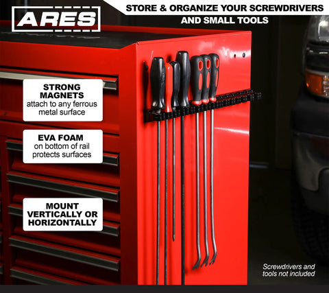 16.5 Inch Magnetic Aluminum Hand Tool Holder Rail Holds Up To 16 Screwdrivers Or Small Tools Mount Vertically Or Horizontally Heavy Duty Garage Organization Must Have, mounted vertically on red tool chest with screwdrivers.