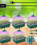 Seed Starter Tray Kit With Full Spectrum Grow Light For Fast Germination Easy Timer And Dimming High Humidity Dome 5 Pack Seedling Trays For Indoor Gardening Home Greenhouse Kit on wooden surface