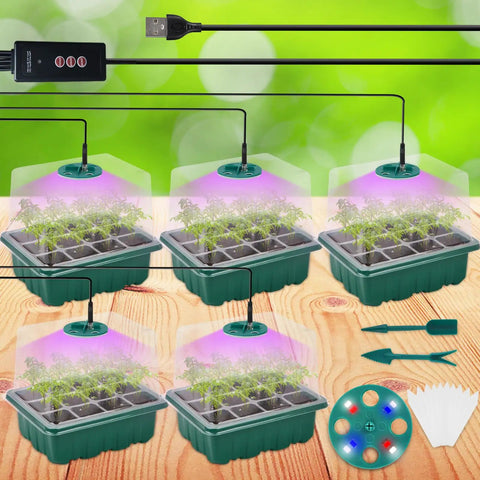 Seed Starter Tray Kit With Full Spectrum Grow Light For Fast Germination Easy Timer And Dimming High Humidity Dome 5 Pack Seedling Trays For Indoor Gardening Home Greenhouse Kit on wooden surface