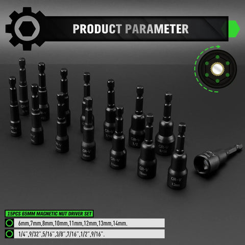 All In One Magnetic Nut Driver Set With 65mm And 48mm Magnetic Drivers arranged with sizes labeled on each socket