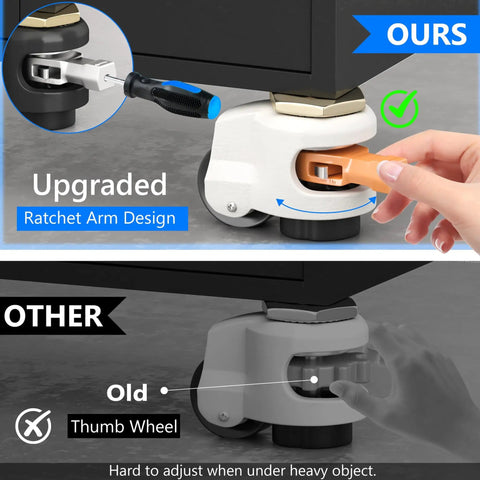 Beefy Heavy Duty Leveling Stem Casters 4 Pack With Upgraded Ratchet Arm 2200 Lb Capacity M12 Thread Quiet Nylon Wheels For Equipment Workbenches Furniture Machines Garages And Workshops