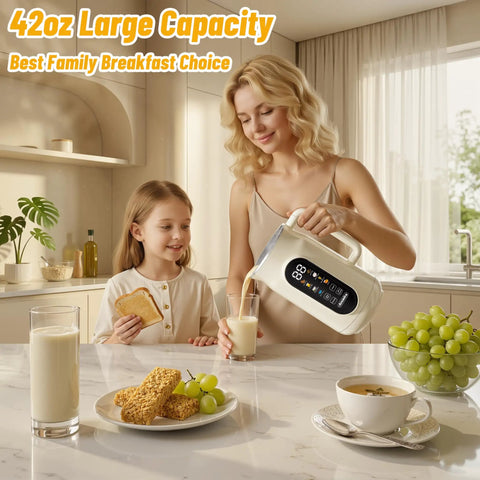 Mother and daughter using 10 In 1 Automatic Nut Milk Maker With 42 Oz Capacity For Almond Soy Oat And Plant Based Milks And Juices Dairy Free Beverages With LED Panel Delay Start Keep Warm And Self Clean in kitchen