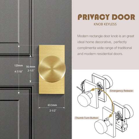 Privacy Door Knob Set With Lock For Bedroom And Bathroom Satin Brass Rectangle Rosette Handle Modern Interior Door Hardware Easy Thumb Turn Lock With Emergency Hex Key No Sweat Privacy Solution showcasing dimensions and mechanism.