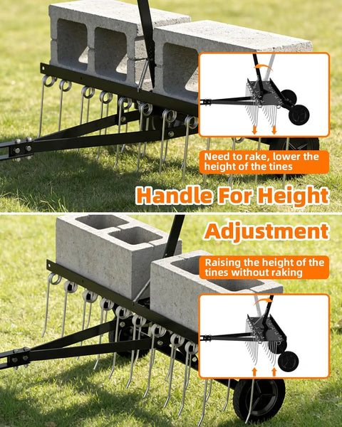 48 Inch Tow Behind Dethatcher With 24 Rustproof Tines And Heavy Duty Tires For Lawn Tractors ATVs UTVs Height Adjustment