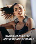 Woman wearing Hands Free Neck Fan Bladeless Wearable Personal Cooling 360 Degree Quiet Breeze USB Rechargeable 4000mAh