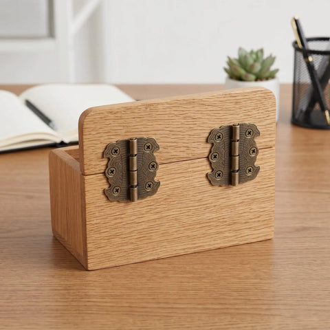 Super Handy Mini Butterfly Hinges With 90 Degree Folding Design on small oak box, showcasing vintage space-saving hinges