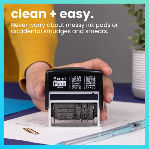 Workhorse Self Inking Date Stamp With Twelve Rotatable Bands For Paid Received Posted Scanned Shipped Void Verified And Full Year Setup Built To Last For Busy Office Crews, showing adjustable ink stamp with clear phrases.