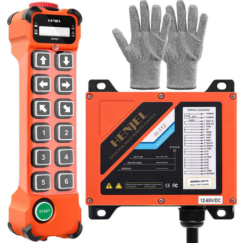 Heavy-Duty Wireless Crane Remote Control With 12 Channel Button, Industrial Radio Hoist Controller, and gloves