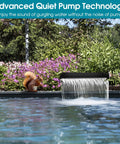 Pond Waterfall With Pump Kit 304 Stainless Steel Spillway outdoors with cascading water and garden background.