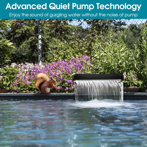 Pond Waterfall With Pump Kit 304 Stainless Steel Spillway outdoors with cascading water and garden background.