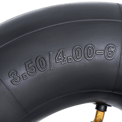 Close-up of Heavy Duty Inner Tube Beefy Thick 4.10/4.00/3.50-6 With TR87 Bent Valve Stem, showing size markings, black rubber