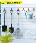 Side view of wall-mounted two pack heavy duty garage hooks holding gardening tools, showing anti-rust coating and non-slip PVC.