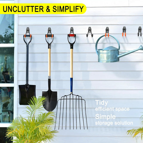 Beefy Heavy Duty Garage Hook Set 2 Pack Wall Mount Tool Hangers organizing garden tools on a wall.