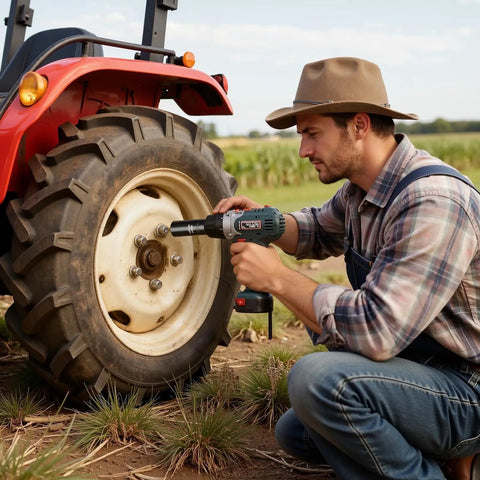 Man using power tool on tractor tire in field, wearing hat, plaid shirt, and denim overalls.