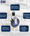 Built Tough 4 Inch Heavy Duty Caster Wheels With Expanding Stem And Dual Brakes 1320 Lb Capacity showing 360° rotation and side brake.
