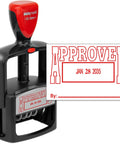 Top Shelf Heavy Duty Self Inking Date Stamp With Crisp Red Ink Lightweight Build Finger Guard Shell One Point Five By Two Point Twenty Five Impressions Snappy Quick Reload Setup showing 'APPROVED' message.