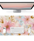 Pastel Pink Blue Floral Watercolor Desk Pad For Keyboard And Mouse Extended 31.5 Inch Wide Desk Mat With Non Slip Base Waterproof PU Leather