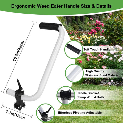 Ergonomic weed eater handle with bracket clamp, stainless steel for yard trimming, comfort grip, pivoting adjustable