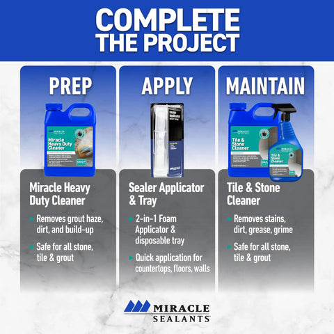 Complete the Project display with Miracle Sealants prep, apply, and maintain steps for 511 H2O Plus Water Based Penetrating Sealer.