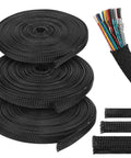 Three Piece Braided Cable Sleeving Kit Black Flame Retardant Nylon Wire Looms 1/4 Inch 3/8 Inch 1/2 Inch Expandable Cable Organizer