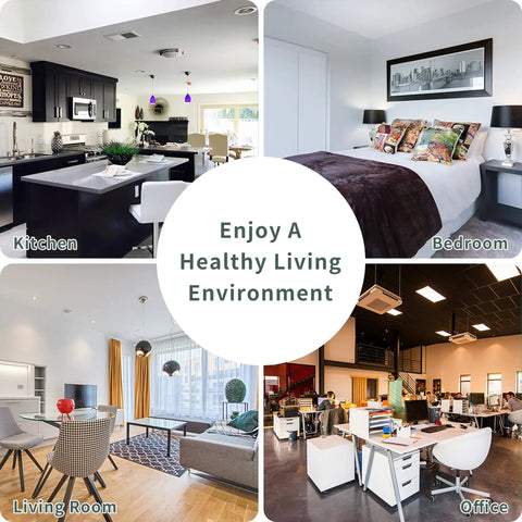 Image of kitchen, living room, bedroom, and office environments promoting "Enjoy a Healthy Living Environment."