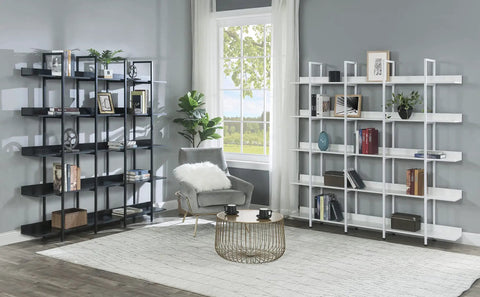 Five Shelf Vintage Industrial Bookcase with Black Metal Frame and MDF Shelves in stylish living room setting