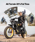 Man sitting on 2000W Fat Tire Electric Bike with Removable 48V 25Ah Battery, full suspension, shown with all-terrain tires.
