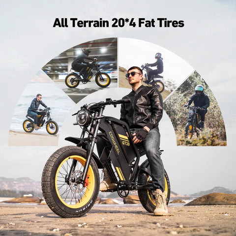 Man sitting on 2000W Fat Tire Electric Bike with Removable 48V 25Ah Battery, full suspension, shown with all-terrain tires.