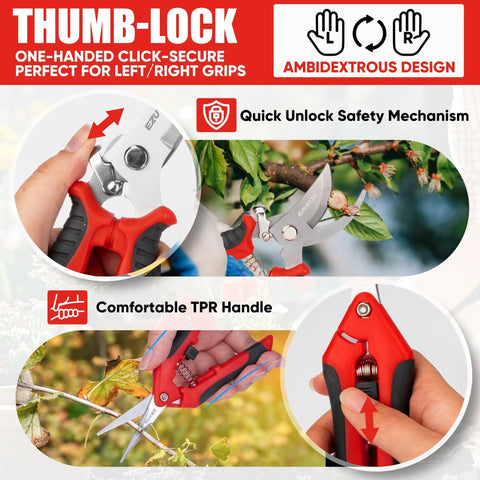 All In One 3 Piece Garden Tool Set With 7 Inch Folding Saw Pruner And Shears Stainless Steel Garden Scissors 2 Pack shown with ergonomic design features
