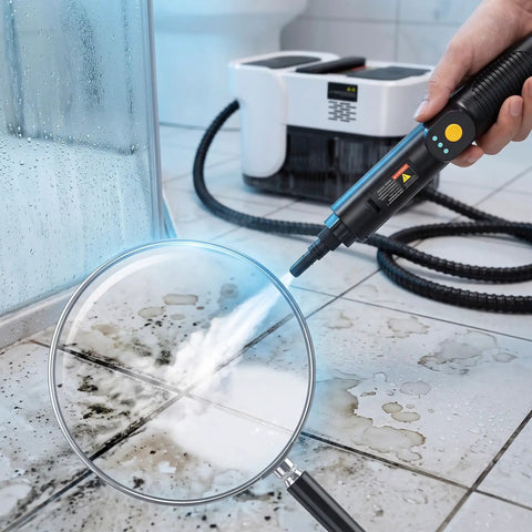 Get Ready For A Sparkling Clean With This Volcm Steam Cleaner in action, removing grime from tile with steam nozzle.