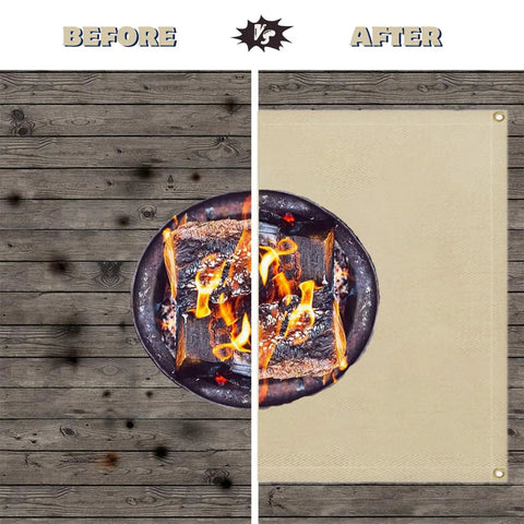 Before and after using 40 Inch Fire Pit Mat For Deck And Grill, Fiberglass Insulated Under Stove Pad With 940F Safety.