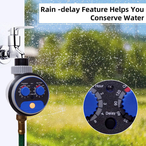 Sprinkler Water Timer For Outdoor Lawn And Garden, Programmable Hose Timer with auto manual rain delay and control dial closeup