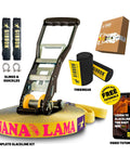 BananaLama XL Slackline With TreeWear Do It All Kit showing 82 ft slackline, power ratchet, slings, shackles, and accessories