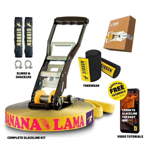 BananaLama XL Slackline With TreeWear Do It All Kit showing 82 ft slackline, power ratchet, slings, shackles, and accessories