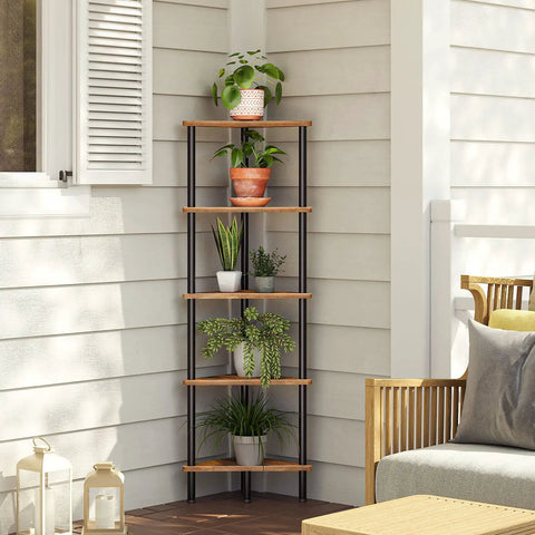 Built Different Five Tier Corner Shelf Stand with potted plants, rustic brown shelves, and black steel frame in a living space.