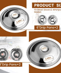 4 Pack Chrome Drip Pans For Electric Stoves With Locking Slots, 2 Small 6 Inch And 2 Large 8 Inch Burner Trays Displayed