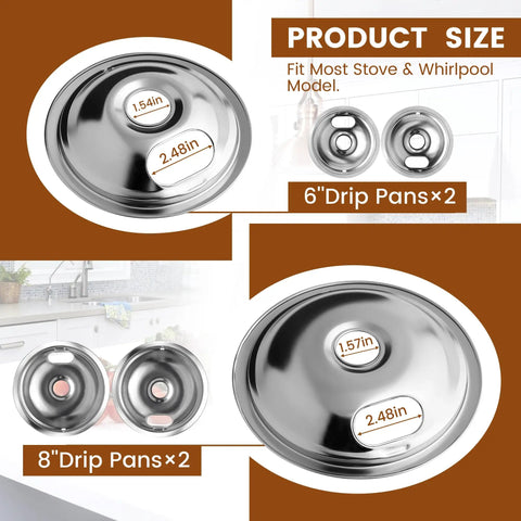 4 Pack Chrome Drip Pans For Electric Stoves With Locking Slots, 2 Small 6 Inch And 2 Large 8 Inch Burner Trays Displayed