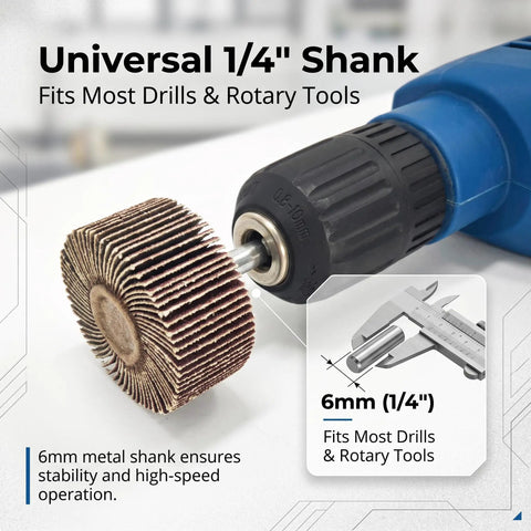 40 Piece Flap Wheel Sander Set For Pro DIYers With One Quarter Inch Shank For Drill Polishing And Deburring Ten Sizes Of 80 Grit Abrasive Wheels For Grinding Sanding Rust And Paint Removal, displayed with a drill and 1/4-inch shank sizing detail.