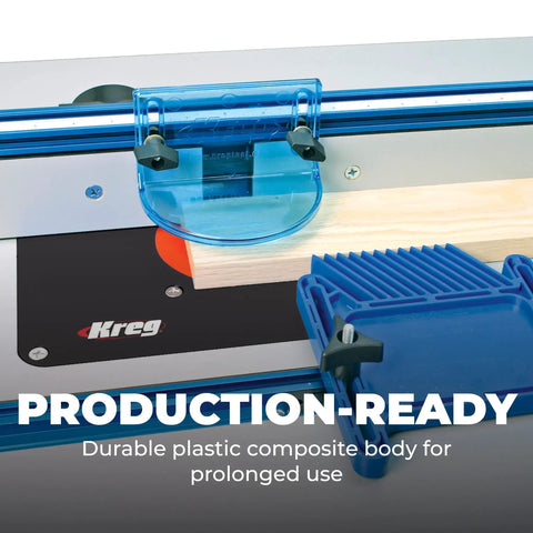 Real Deal Adjustable Featherboard For Router Table And Table Saw Safety Workholding Wedge Lock Mount Fits Miter Slot T Track with blue composite body.