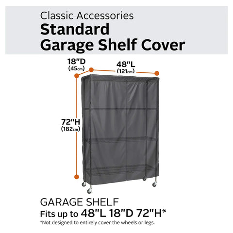 Weather-X Garage Shelf Cover for 48x18x72 Inch Shelving Units with wheeled shelf, labeled dimensions shown