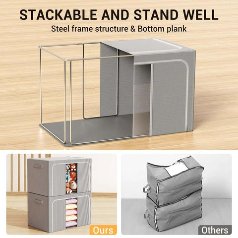 Foldable Metal Frame Storage Bins Set For Clothes And No Fuss Organization, 100L Each, 3 Pack showing stackable structure