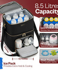 Grab And Go Breast Pump Travel Bag With Ice Pack Insulated Double Layer Leak Proof Milk Cooler Tote Fits Spectra S1 S2 And Standard Pumps Black with milk bottles and ice pack visible.