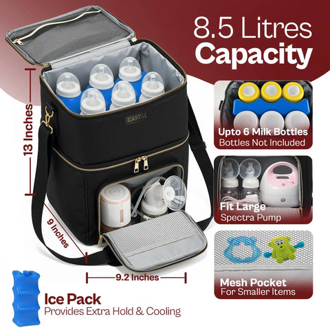 Grab And Go Breast Pump Travel Bag With Ice Pack Insulated Double Layer Leak Proof Milk Cooler Tote Fits Spectra S1 S2 And Standard Pumps Black with milk bottles and ice pack visible.