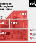 Diagram of home layout highlighting placement of smoke and carbon monoxide alarms in bedroom, kitchen, and living room for safety.