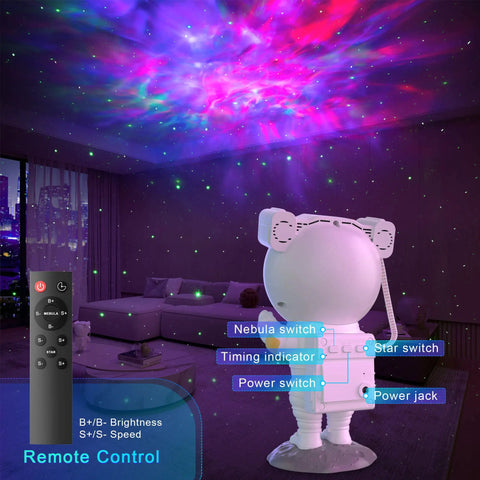 Nebula Star Projector Galaxy Light With Remote And Timer, Astronaut Night Light casting colorful sky effect in a living room.