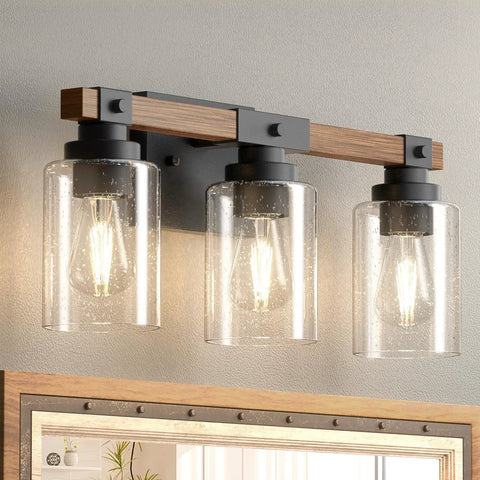 Three Light Farmhouse Vanity Light With Rustic Wood Finish And Bubble Glass Shades Industrial Vintage Black Wall Sconces