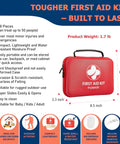 Front view of a red compact waterproof hard-case first aid kit with a handle, branded PUMIER, 368 pieces.