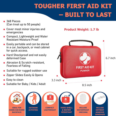 Front view of a red compact waterproof hard-case first aid kit with a handle, branded PUMIER, 368 pieces.